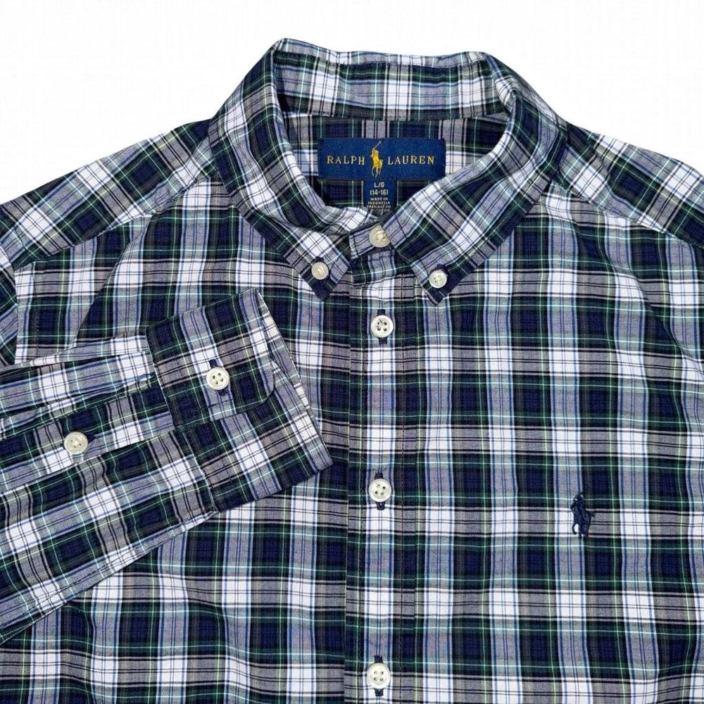 Lot Of 2 Ralph Lauren Boys‎ Large 14-16 Button-Down Plaid Red Blue Shirts Pony